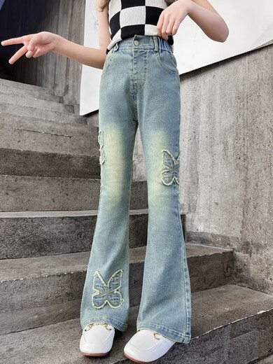 Girls' Butterfly Embroidered Flare Pants 2025 Autumn and Winter New Retro Milf Jeans for Big Kids with Velvet Plus SN5236 Blue Spring and Autumn Style MEF Butterfly Flared Pants cm 120