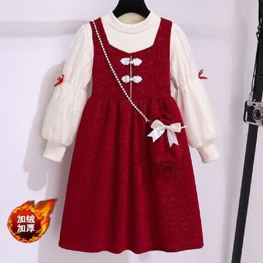 Velvet girls New Year dress suit autumn and winter new children's red princess dress girls vest dress two-piece set picture color 130