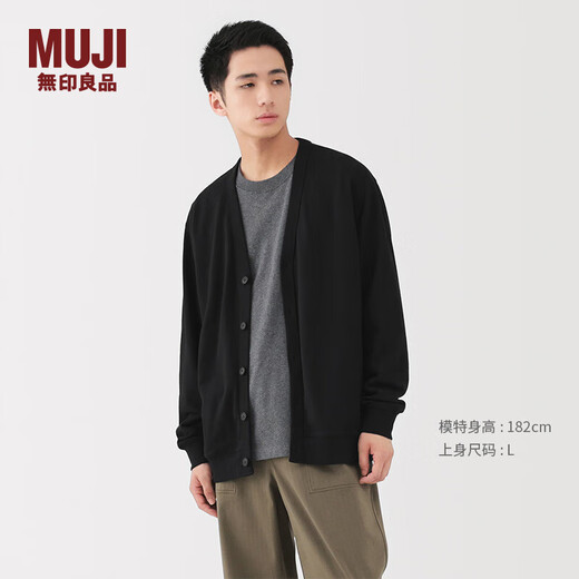 MUJI Men's Lightweight Terry Cotton V-Neck Cardigan Men's Men's Sweater Fall 25 Men's AB1PGA5A Black S (165/84A)