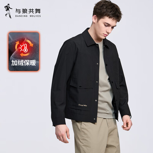 Dances with Wolves Velvet Lapel Casual Jacket Men's 2025 Autumn and Winter New Embroidered Workwear Commuting Youth Jacket 1002 Black 001 - Velvet Style M (170)