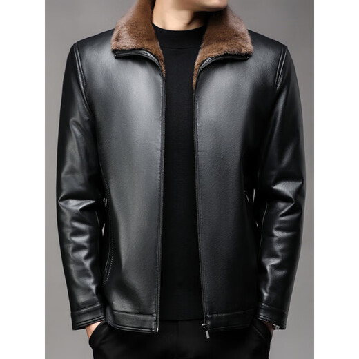 KBXNG Jinba KBHONG Jinba leather jacket Haining genuine leather men's goatskin winter fur all-in-one middle-aged and elderly leather jacket high 985 black thickened version 985 black thickened version M 170100-120Jin Jin is equal to 0.5 kg