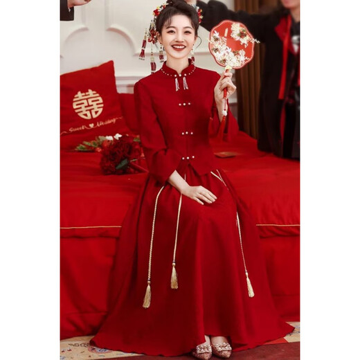 Shifansen (SHIFANSEN) Toast Wear Bride 2025 New Winter Clothes Red Engagement Dress New Chinese Style Wedding Clothes Long Sleeve Autumn and Winter Burgundy Chinese New Style S Recommendation 92-100Jin Jin is equal to 0.5 kg