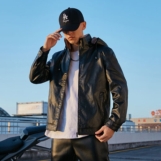 GOYN Cycling Motorcycle Suit Motorcycle Leather Jacket Men's Leather Jacket Leather Pants Suit Men's Work Velvet Thickened Set Winter Black_Slim Leather Pants Hooded Leather Jacket Velvet M Leather Jacket Leather Pants Size 29