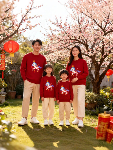 Mishide New Year of the Horse New Year parent-child outfit sweatshirt 26 New Year of the Horse parent-child outfit family of three and four pictures round neck printing thickened burgundy cm5 130