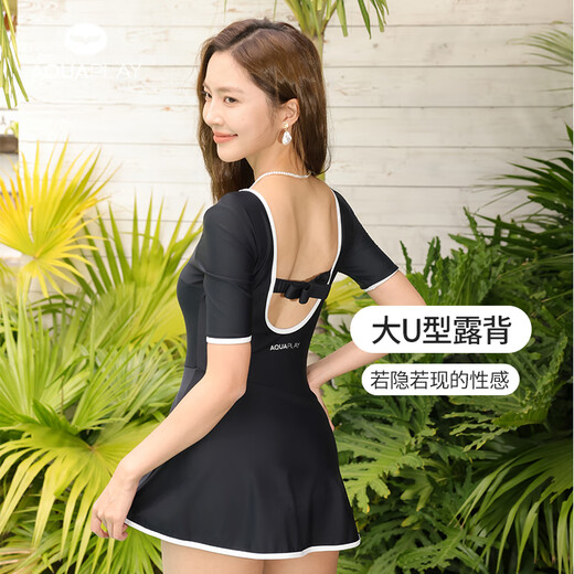 AQUAPLAY安泊来黑色短袖泳衣女泡温泉露背遮肚游泳衣海边度假法式显瘦泳装 【游泳2件套】黑天鹅泳衣+泳镜 M （96-110斤）