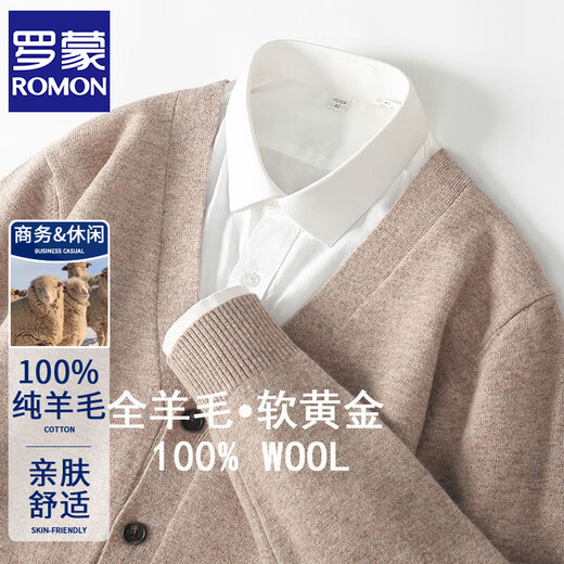 ROMON's new autumn and winter 100% wool sweater men's V-neck solid color cardigan sweater jacket loose casual versatile sweater sky blue L