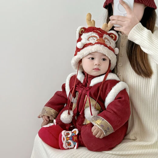 Disney (Disney) baby New Year's greetings winter jumpsuit female baby's 100th birthday celebration dress male BMW New Year's celebration new year clothing single red hat 36cm 66
