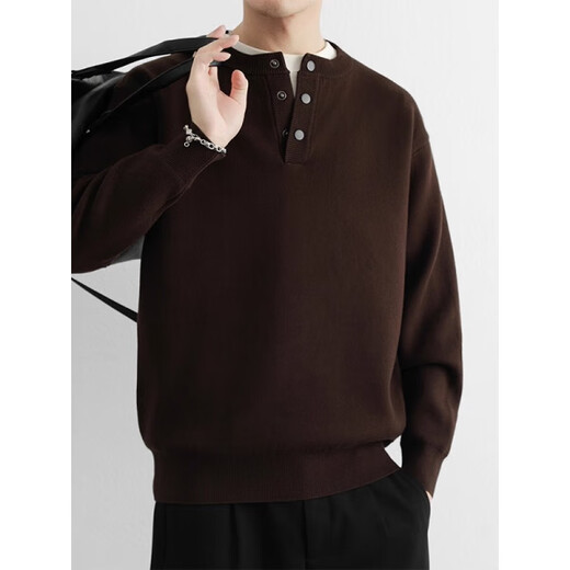 Zimei American old money style sweater men's autumn and winter lapel cotton Henry neck sweater thickened polo bottoming sweater dark coffee M _115Jin Jin is equal to within 0.5 kg