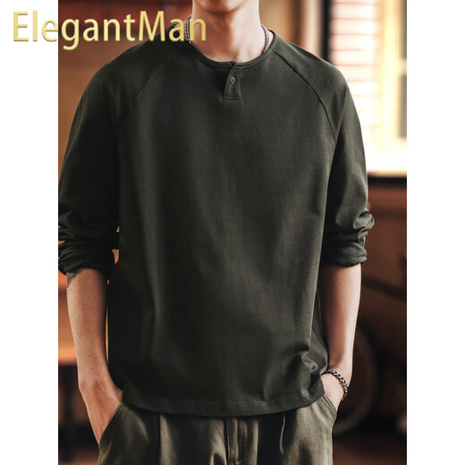 ElegantMan's beautiful retro tough guy Henry collar long-sleeved T-shirt men's autumn new loose cotton bottoming shirt top dark green M_Suitable for 110-130Jin Jin equals 0.5 kg