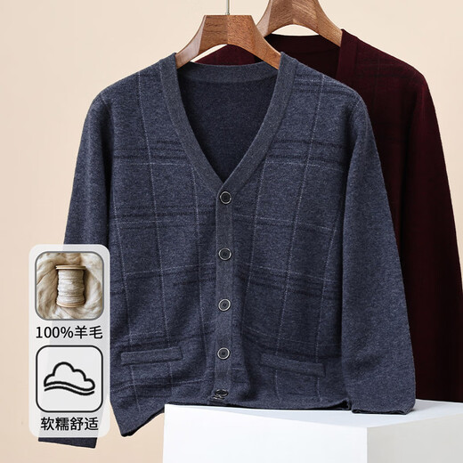 Hengyuanxiang Cárdigan 100% de lana pura para hombre con cuello en V suéter de lana de punto cálido y grueso negro gris L 175/92A