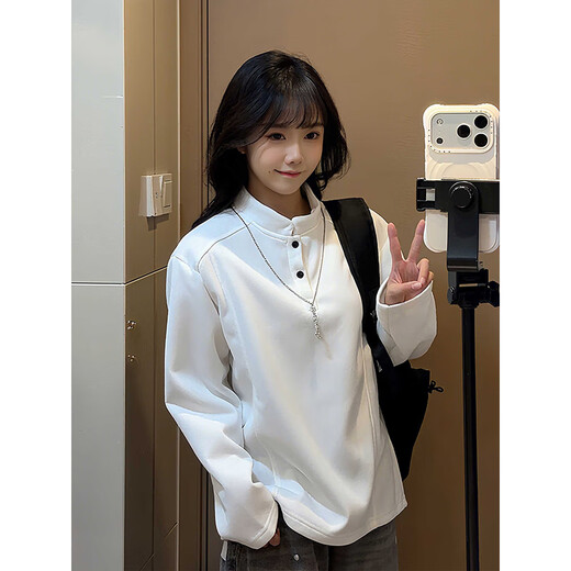 Rouard plus velvet right shoulder Henry collar POLO shirt deconstructed splicing sweatshirt for men winter American cleanfit inner layering shirt white gray plus velvet style XL