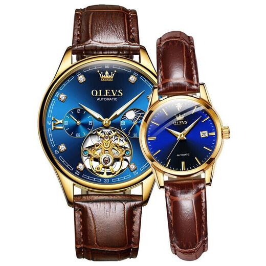 OLEVS Swiss certified brand couple watch fully automatic mechanical watch men and women watch luminous waterproof trendy couple watches upgraded enhanced version-3601+6629 brown leather blue