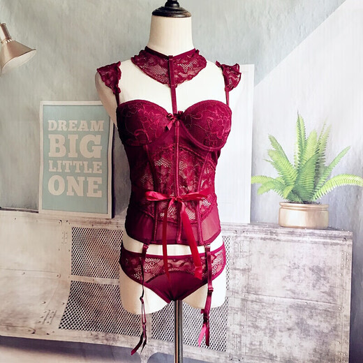 Sexy pajamas one-piece female temptation suit suspender-free see-through role-playing sexy uniform thong black stockings burgundy with 2056 stockings M