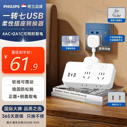 Philips (PHILIPS) flexible conversion plug/socket converter/USB+Typec socket extension/power converter/wireless plug-in board/socket extender 4-position with USB sub-control