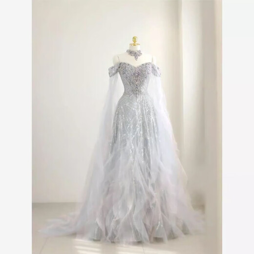 High-end banquet evening dress female fairy princess dress 2025 new adult ceremony 18th birthday performance host silver XS