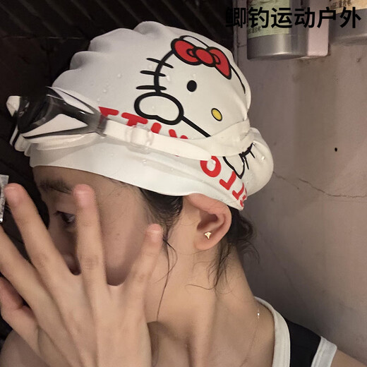 Women's special waterproof swimming cap for long hair, large head circumference, high elasticity, cute swimming cap, high appearance, white Kitty cat swimming cap + pink nose clip earplugs, long-wearing, waterproof