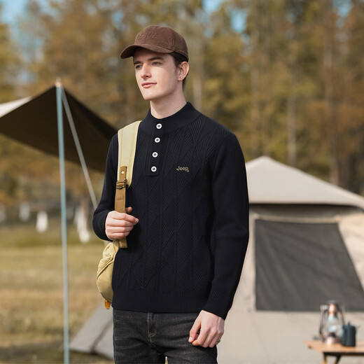 JEEP heavy henley collar sweater autumn new classic old money style diamond pattern long-sleeved sweater for men black M
