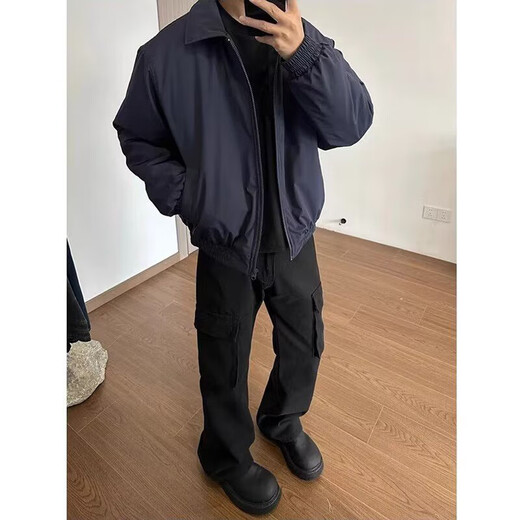 7 high-quality Hong Kong style casual jackets for men, autumn and winter quilted warm lapel jackets, men's work clothes, pilot cotton coats, cotton clothes, GWHG-3386 black XL