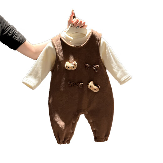 Mondelli baby clothes autumn and winter one-piece baby girl winter overalls two-piece set cute super cute little one-month-old full-month clothes coffee color kitten 90cm