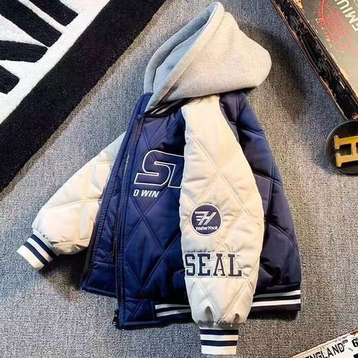 Boys' winter cotton clothing, medium and large children's loose baseball uniforms, children's loose autumn and winter quilted jackets 2025 new tops, blue second cotton baseball uniforms 120 120cm recommended height 1 point 1 meter