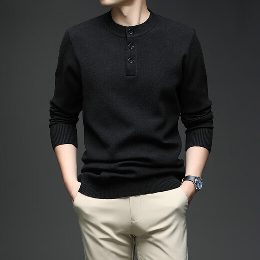 丨Lilang丨Men's cardigan Henry collar cardigan autumn and winter thickened casual men's round neck sweater sweater black M 165 (100-120Jin Jin equals 0.5 kg)