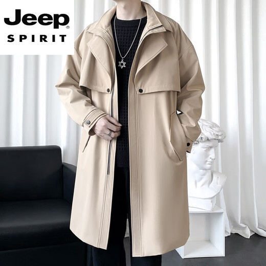 JEEP SPIRIT High-End Mid-Length Windbreaker Men's Stand Collar Cape Coat 2025 Autumn New Fashion Casual Jacket Men's 104 Black XL 126-140Jin Jin is equal to 0.5 kg