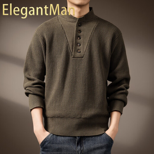 ElegantMan high-end American tough guy retro Henry collar sweater for men spring and autumn new thickened warm heavy base sweater for men Tuhao Green S _Suitable for 90-110Jin Jin is equal to 0.5 kg