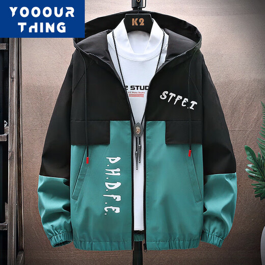 YOOOURTHING Spring and Autumn Jacket Men's Hooded Jacket Men's Splicing Trendy Korean Style Handsome Casual Slim Fit Versatile Work Jacket Upper White and Lower Blue XL (Recommended 110-135 Jin Jin equals 0.5 kg)