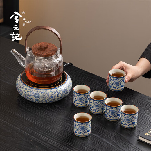 Xiyuanji blue and white Ru kiln tea making stove electric ceramic stove tea kettle set as a wedding and housewarming birthday gift for teachers and friends Fanhua Ru kiln 8-head tea making gift box set