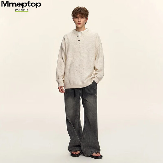 MMOPTOP relaxed henley collar pullover sweater autumn and winter men's coat containing sheep wool sweater MMY17 oatmeal gray L