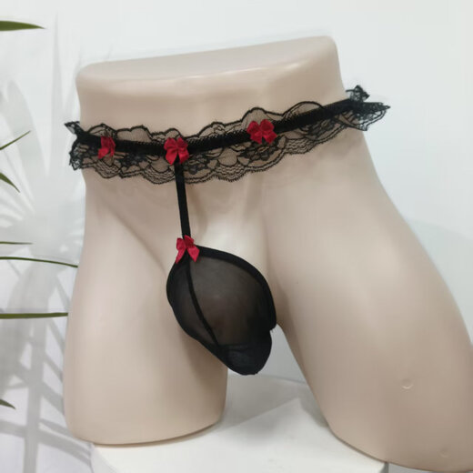 Sexy underwear men's lace sexy open-top temptation egg thong pearl massage low-waist hot transparent T-pants black one size