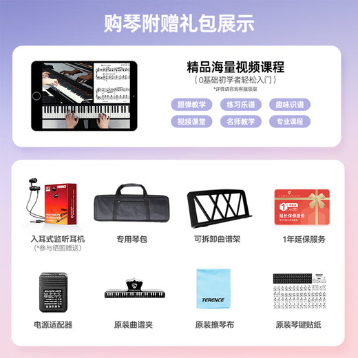 Terence electronic keyboard for adults and children with 61 keys, multifunctional portable musical instrument for beginners, holiday gift, classic black + Z-shaped piano stand + luxury gift bag