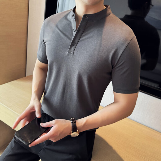 Qing Muqi high-end temperament Internet celebrity T-shirt Henry collar short-sleeved polo shirt men's summer trendy brand handsome high-end half-sleeved white stand-up collar polo short-sleeved M recommended 90-105Jin Jin equals 0.5 kg