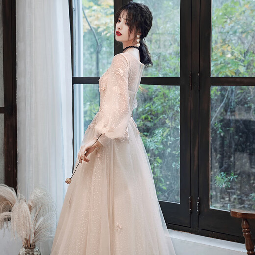 Chuangjing Yixuan winter adult ceremony dress champagne color evening dress female birthday party temperament light luxury niche high-end vocal music test champagne color_SN00503 M