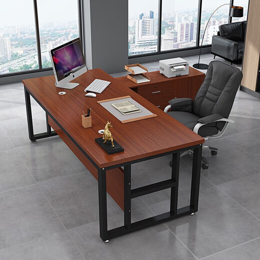 Desk boss table and chair combination single office furniture executive desk supervisor manager desk computer desk customization black frame + golden oak color (store manager) 160*80 table + side cabinet with drawer