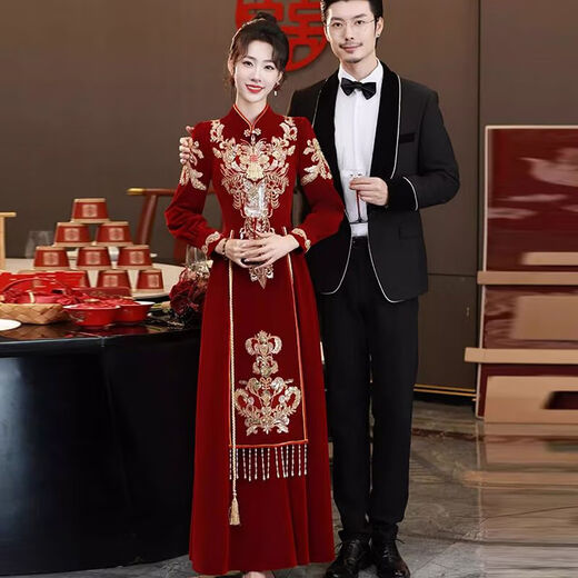 Fenggao (fenggao) Toast Wear Bride 2025 New Winter Clothes Burgundy Stand Collar Retro Cheongsam Winter Heavy Industry Embroidered Long Dress Burgundy Long Style 202 S Dress size is too small. Consult customer service to check the size.