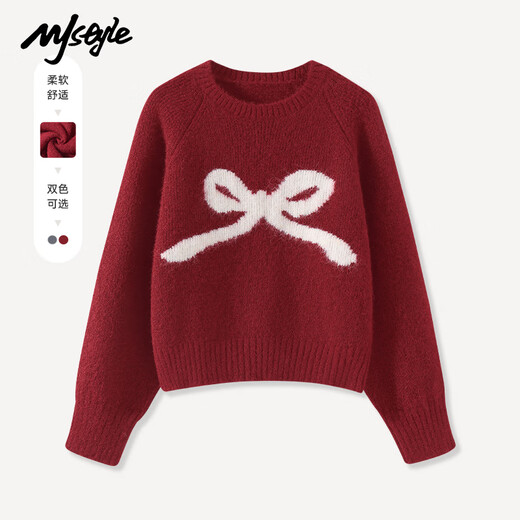 MJ STYLE Qiji red bow short sweater for women 2026 winter sweet style design round neck inner sweater top