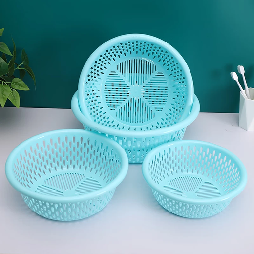 Double-layer vegetable washing basket, drain basket, kitchen round basket, washing basin, plastic large eye drain basket, vegetable washing sieve, diameter 37cm, khaki extra large