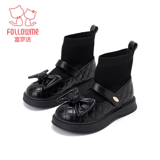 Fuluo Mi Girls' Sock Boots Winter Sweet and Fashionable Versatile Plush Boots Little Girls Soft Sole Anti-Slip Leather Boots Black 30