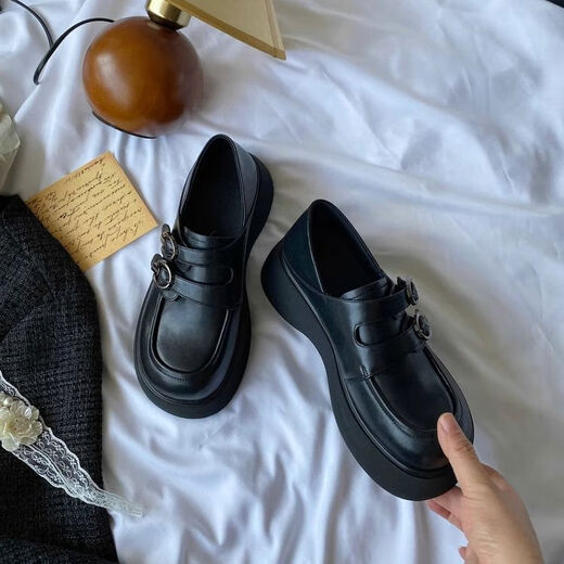 Spring college style thick-soled loafers for women with belt buckles, versatile casual shoes, small leather shoes, black - ready stock 36 36