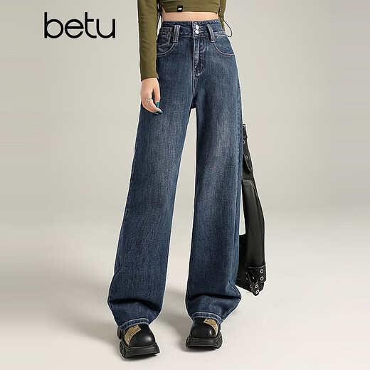 Betu women's 2025 winter new jeans composite velvet lining high waist slim wide leg pants for women 2511X03 denim color S