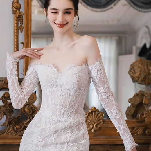 Meianjia French one-shoulder long-sleeved lace fishtail light wedding dress new bride petite high-end travel photo door veil small tail 2XL