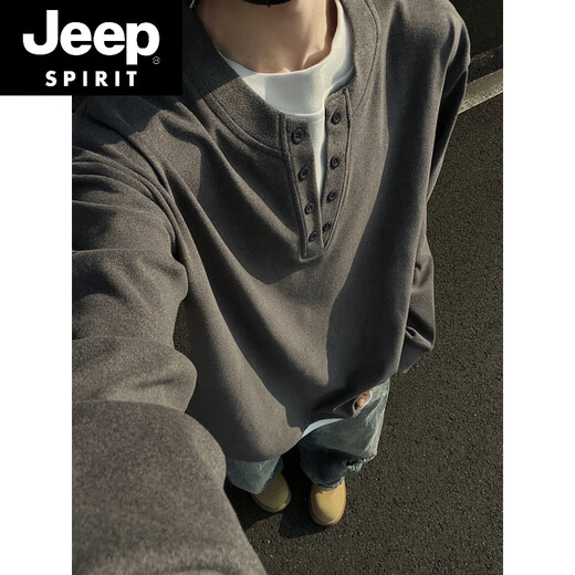 JEEP SPIRIT fake two-piece Henry collar German velvet bottoming shirt men's winter plus velvet thickened sweatshirt autumn and winter 300g heavyweight long-sleeved T-shirt dark gray M