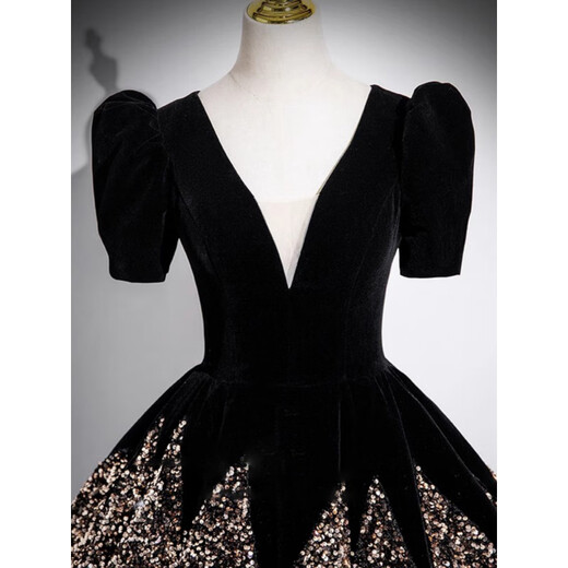 Ji Mi black evening dress hosted sequin student day coming of age ceremony art test vocal solo princess dress light luxury niche high-end black without bustle XL