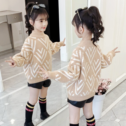 Jingkodi Japanese winter girls sweater 2025 new autumn and winter clothing, fashionable children's clothing, big children's winter plus off-white 110 cm