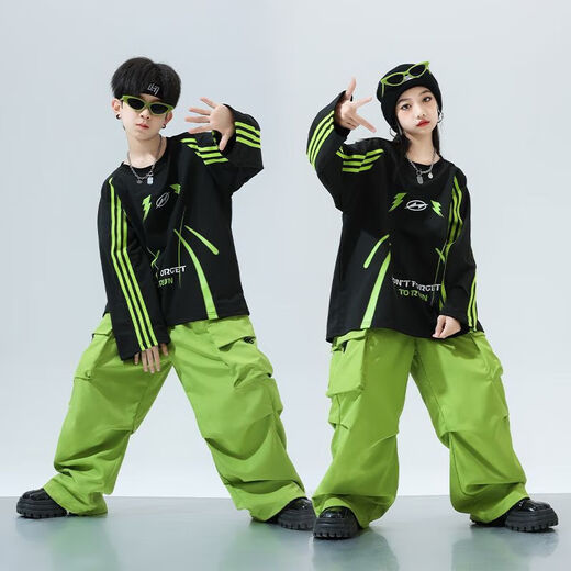 Midelei Street Dance Children's Trendy Clothing Hip-Hop Boys' Performance Clothes New Year's Day Clothes Spring Autumn and Winter Loose Girls' Games Class Clothes Performance A565 Black and Green Sweater + 976 Fluorescent Green Pants + LH Headband 110
