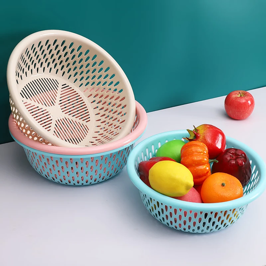 Double-layer vegetable washing basket, drain basket, kitchen round basket, washing basin, plastic large eye drain basket, vegetable washing sieve, diameter 37cm, khaki extra large