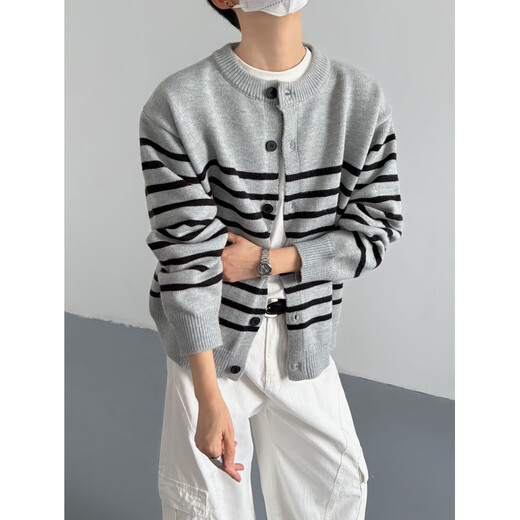 Lanlingfang autumn and winter Korean style fashionable vintage Henry collar contrast striped sweater cardigan for men and women loose simple knitted jacket trendy black striped M