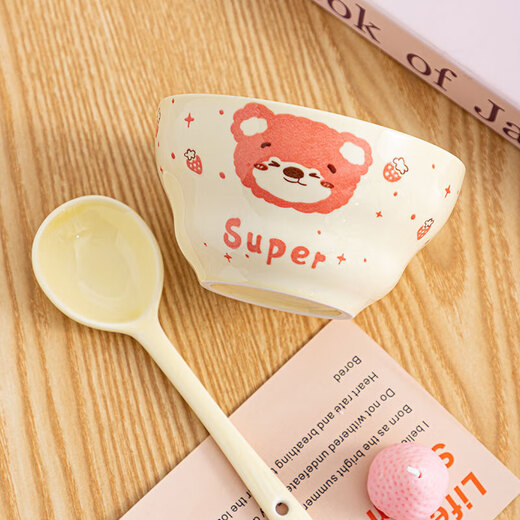 Cute gourd ceramic household cream rice bowl girl heart net salad cartoon hand-painted high-value heart bowl large capacity honey bear one bowl one spoon (2 colors random)