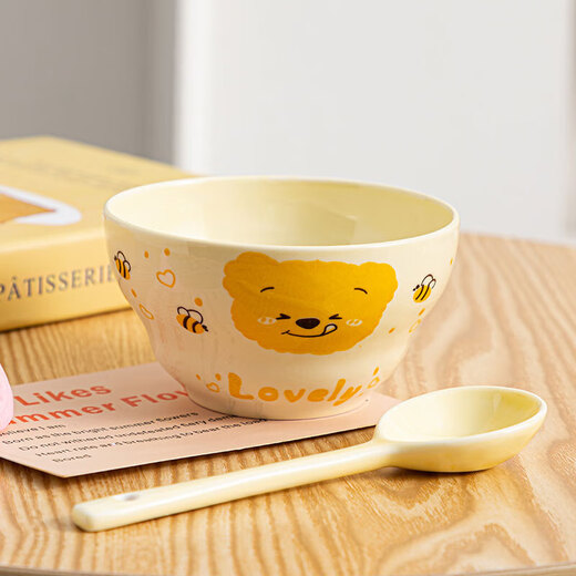 Cute gourd ceramic household cream rice bowl girl heart net salad cartoon hand-painted high-value heart bowl large capacity honey bear one bowl one spoon (2 colors random)